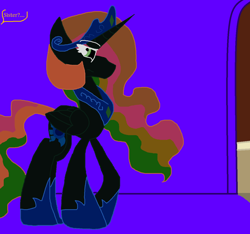 Size: 1280x1198 | Tagged: safe, artist:eeveeglaceon, character:princess celestia, species:alicorn, species:pony, balcony, blue sun, canterlot castle, color change, contemplating life, correstia, corrupted, corrupted celestia, corruptia, darkened coat, female, green eye, implied invert princess luna, implied inverted princess luna, implied princess luna, inside, invert princess celestia, inverted, inverted colors, inverted princess celestia, inverted princess luna, looking back, possessed, possesstia, rainbow hair, sidemouth, solo, standing, tumblr, tumblr:the sun has inverted, word balloon, word bubble