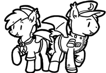Size: 218x150 | Tagged: safe, artist:crazyperson, oc, species:bat pony, species:pony, fallout equestria, bat pony oc, bat wings, black and white, clothing, duo, fallout equestria: commonwealth, fanfic, fanfic art, fangs, female, grayscale, hat, hooves, male, mare, monochrome, picture for breezies, raised hoof, simple background, spread wings, stallion, transparent background, uniform, wings