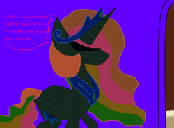 Size: 1138x838 | Tagged: safe, artist:eeveeglaceon, character:princess celestia, species:alicorn, species:pony, balcony, blue background, blue sun, canterlot castle, canterlot castle interior, color change, corrupted, darkened coat, female, green eye, implied invert princess luna, implied inverted princess luna, implied princess luna, inside, invert princess celestia, inverted, inverted colors, inverted princess celestia, possession, purple background, rainbow hair, sidemouth, simple background, solo, tumblr, tumblr:the sun has inverted, violet background, word balloon, word bubble