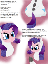 Size: 768x1024 | Tagged: safe, artist:mrleft, character:rarity, species:pony, comic:spa research, comic, hot stone massage, mud mask