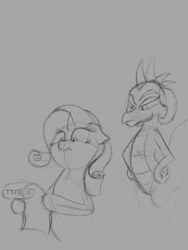 Size: 768x1024 | Tagged: safe, artist:mrleft, character:princess ember, character:rarity, comic:spa research, bill, comic, dragon lord ember, monochrome, post-vore, simple background, sketch, trolling, wtf face