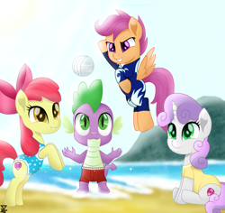 Size: 6900x6500 | Tagged: safe, artist:theretroart88, character:apple bloom, character:scootaloo, character:spike, character:sweetie belle, species:dragon, species:earth pony, species:pegasus, species:pony, species:unicorn, absurd resolution, beach, clothing, cutie mark crusaders, female, male, ocean, one-piece swimsuit, sand, sports, swimsuit, volleyball