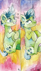 Size: 1024x1770 | Tagged: safe, artist:lailyren, artist:moonlight-ki, character:sandbar, species:earth pony, species:pony, bookmark, dialogue, falling, male, solo, traditional art