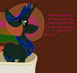 Size: 901x854 | Tagged: safe, artist:eeveeglaceon, character:princess celestia, species:alicorn, species:pony, balcony, blue sun, brown background, canterlot, canterlot castle, color change, darkened coat, female, green eye, invert princess celestia, inverted, inverted colors, inverted princess celestia, rainbow hair, sidemouth, simple background, solo, tumblr, tumblr:the sun has inverted, word balloon, word bubble