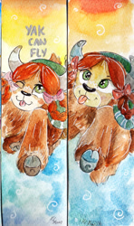 Size: 1024x1724 | Tagged: safe, artist:lailyren, artist:moonlight-ki, character:yona, species:yak, abstract background, bookmark, cloven hooves, cute, dialogue, female, one eye closed, solo, tongue out, traditional art, wink, yonadorable