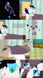 Size: 2934x5251 | Tagged: safe, artist:wheatley r.h., oc, oc only, oc:sturdy diablo, species:bat pony, species:human, species:pony, comic:sturdy oddity, astronaut, bat pony oc, bat wings, bed, blood, cosmonaut, crack, curtains, ear tufts, eyes closed, eyes in the dark, female, flask, floor, green eyes, hair, hand, hospital bed, humanized, intravenous, killer7, mare, medicine, mercury (element), nosebleed, photography, pillow, room, scared, scary, shocked, shocked expression, shrunken pupils, space suit, sweat, tail, translated in the description, two toned mane, two toned tail, under the covers, vector, watermark, wings