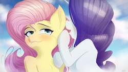 Size: 4800x2700 | Tagged: safe, artist:maneingreen, character:fluttershy, character:rarity, species:pegasus, species:pony, species:unicorn, ship:rarishy, g4, blushing, cheek fluff, chest fluff, cloud, female, human shoulders, lesbian, mare, shipping, sky, whispering