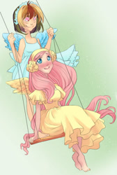 Size: 531x792 | Tagged: safe, artist:zoe-productions, character:fluttershy, character:rainbow dash, barefoot, blushing, clothing, cute, dress, duo, feet, humanized, simple background, sundress, swing, winged humanization