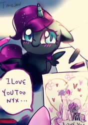 Size: 2480x3508 | Tagged: safe, artist:nyx, artist:tingsan, character:twilight sparkle, character:twilight sparkle (alicorn), oc, oc:nyx, species:alicorn, species:pony, blushing, colored pupils, crayon, cute, dawwww, dialogue, drawing, eyes closed, floppy ears, heart, hoof hold, implied twilight sparkle, nyxabetes, ocbetes, speech bubble