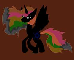 Size: 1280x1040 | Tagged: safe, artist:eeveeglaceon, character:princess celestia, species:alicorn, species:pony, alternate hairstyle, angry, balcony, blue sun, brown sky, canterlot, civil war, color change, correstia, corrupted, corrupted celestia, corruptia, darkened coat, discorded, divided equestria, ethereal mane, female, galaxy mane, green eyes, implied invert princess luna, implied inverted princess luna, insanity, invert princess celestia, inverted, inverted colors, inverted princess celestia, madness, messy mane, possessed, possesstia, rage, rainbow hair, shrunken pupils, sidemouth, solo, tan coat, tumblr, tumblr:the sun has inverted
