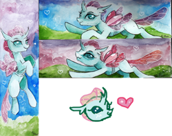 Size: 1024x813 | Tagged: safe, artist:lailyren, artist:moonlight-ki, character:ocellus, species:changeling, species:reformed changeling, bookmark, cute, diaocelles, female, flying, heart, sky, solo, traditional art, watercolor painting
