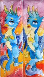 Size: 1024x1787 | Tagged: safe, artist:lailyren, artist:moonlight-ki, character:gallus, species:griffon, abstract background, crossed arms, male, solo, thumbs up, tongue out, traditional art