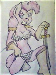 Size: 400x537 | Tagged: safe, artist:midday sun, character:pinkie pie, species:anthro, armor, breasts, chainmail bikini, cleavage, clothing, cosplay, costume, crossover, red shetland, red sonja, style emulation, sword, traditional art, unconvincing armor, weapon