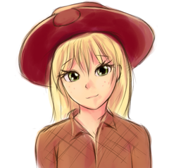 Size: 541x515 | Tagged: safe, artist:fajeh, character:applejack, bust, female, humanized, portrait, simple background, solo