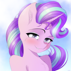 Size: 4000x4000 | Tagged: safe, artist:maneingreen, character:starlight glimmer, species:pony, species:unicorn, beautiful, blushing, bust, cheek fluff, chest fluff, cute, ear fluff, female, glimmerbetes, human shoulders, mare, portrait, smiling, solo