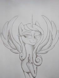 Size: 3120x4160 | Tagged: safe, artist:rocket-lawnchair, artist:sonicontinuum, character:princess cadance, species:pony, black and white, bottle, grayscale, hoof hold, hot sauce, monochrome, smug, spread wings, traditional art, wings