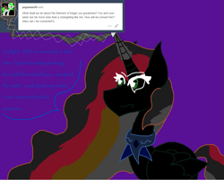 Size: 1161x932 | Tagged: safe, artist:eeveeglaceon, character:princess celestia, oc, species:alicorn, species:changeling, species:pony, armor, ask, blast, changeling oc, civil war, color change, convertion spell, correstia, corrupted, corrupted celestia, corruptia, darkened coat, deranged, divided equestria, female, glowing horn, green eyes, inversion spell, invert princess celestia, inverted, inverted changeling oc, inverted colors, inverted princess celestia, madness, magic, magic blast, missing sister, possessed, possesstia, purple background, rainbow hair, scary, sidemouth, simple background, solo, tumblr, tumblr:the sun has inverted, violet background, word balloon, word bubble