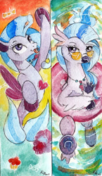 Size: 1024x1766 | Tagged: safe, artist:lailyren, artist:moonlight-ki, character:silverstream, species:classical hippogriff, species:hippogriff, species:seapony (g4), bookmark, female, glasses, inner tube, looking at you, solo, tongue out, underhoof, water