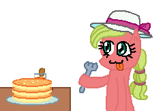 Size: 242x162 | Tagged: safe, artist:drypony198, cowboys and equestrians, cute, food, fork, mad (tv series), mad magazine, maplejack, pancakes, plate, solo, syrup, tongue out