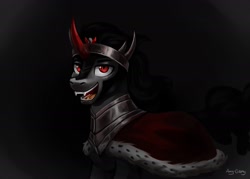 Size: 2560x1829 | Tagged: safe, alternate version, artist:amy-gamy, character:king sombra, species:pony, species:unicorn, armor, crown, dark, dark background, fangs, jewelry, looking at you, male, open mouth, red horn, regalia, signature, simple background, smiling, solo, teeth