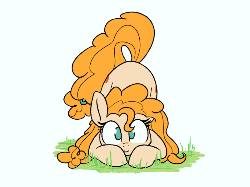 Size: 800x600 | Tagged: safe, artist:heir-of-rick, artist:szafir87, character:pear butter, species:earth pony, species:pony, animated, blinking, both cutie marks, butt shake, cute, face down ass up, female, gif, grass, imminent pounce, looking at you, mare, pearabetes, plot, simple background, smiling, solo, szafir87 is trying to murder us, weapons-grade cute