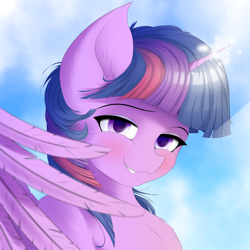 Size: 4000x4000 | Tagged: safe, artist:maneingreen, character:twilight sparkle, character:twilight sparkle (alicorn), species:alicorn, species:pony, blushing, bust, cheek fluff, chest fluff, cute, ear fluff, feather, female, glowing horn, human shoulders, magic, portrait, sky, smiling, solo, twiabetes