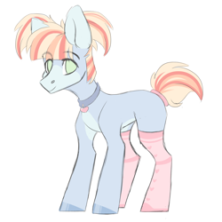 Size: 4021x4024 | Tagged: safe, artist:hellishprogrammer, oc, oc only, oc:pastel coat, species:earth pony, species:pony, blank flank, blaze (coat marking), clothing, collar, femboy, heart, male, pale belly, pigtails, simple background, socks, solo, stallion, twintails, white background