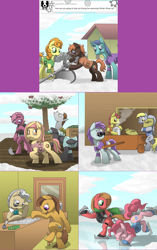 Size: 1602x2544 | Tagged: safe, artist:crispokefan, character:carrot top, character:derpy hooves, character:golden harvest, character:mayor mare, character:pinkie pie, character:thunderlane, oc, oc:marigold, oc:melony, oc:pun, oc:rubik, oc:sunshine morning, species:pony, ask pun, ask, cart, desk, ice skating, winter wrap up (event)