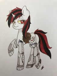 Size: 3024x4032 | Tagged: safe, artist:katyusha, oc, oc only, oc:blackjack, species:pony, species:unicorn, fallout equestria, fallout equestria: project horizons, augmented, biohacking, cutie mark, cyber legs, cyber pony, cyborg, fanfic, fanfic art, female, hooves, horn, level 1 (project horizons), mare, raised hoof, robot legs, saddle bag, simple background, solo, traditional art, white background
