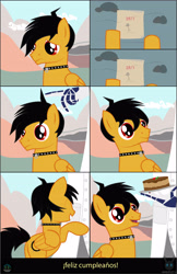 Size: 3308x5111 | Tagged: safe, artist:wheatley r.h., oc, oc only, oc:rito, oc:wheatley ii, species:pegasus, species:pony, birthday gift, cake, choker, clothing, cloud, collar, comic, cutie mark, eyes closed, food, gift art, gloves, hair, hair over eyes, hair over one eye, hand, happy, hooves, hug, lab coat, looking down, looking up, male, messy tail, mountain, paper, pegasus oc, pegasus wings, raised hoof, red eyes, rock, sad, smiling, spanish, spanish text, spiked choker, spiked collar, stallion, tail, touch, vector, watermark, wings
