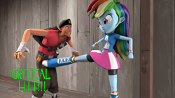 Size: 1920x1080 | Tagged: safe, artist:fd-daylight, character:rainbow dash, species:human, my little pony:equestria girls, 3d, critical hit, crossover, groin attack, oh there's my ball, retaliation, rule number 3, rule number three, scout, scunt, source filmmaker, team fortress 2, you asked for it