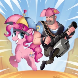 Size: 800x800 | Tagged: safe, artist:don-ko, character:pinkie pie, species:earth pony, species:human, species:pony, clothing, crossover, duo, female, gun, hat, heavy weapons guy, mare, minigun, running, smiling, team fortress 2, umbrella, umbrella hat, weapon