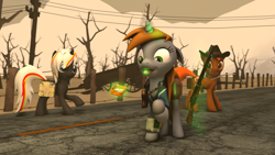 Size: 1920x1080 | Tagged: safe, artist:fd-daylight, oc, oc only, oc:calamity, oc:littlepip, oc:velvet remedy, species:pegasus, species:pony, species:unicorn, fallout equestria, 3d, battle saddle, clothing, cowboy hat, dashite, dead tree, drugs, fanfic, fanfic art, female, floppy ears, fluttershy medical saddlebag, glowing horn, gun, handgun, hat, hooves, horn, levitation, little macintosh, magic, male, mare, medical saddlebag, mint-als, open mouth, optical sight, party time mintals, pipbuck, power line, raised hoof, revolver, rifle, road, saddle bag, scope, source filmmaker, stallion, telekinesis, tree, vault suit, weapon, wings