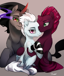 Size: 1240x1461 | Tagged: safe, artist:tingsan, character:king sombra, character:tempest shadow, oc, oc:silver, species:pegasus, species:pony, antagonist, canon x oc, clothing, cuddling, horn, snuggling, socks, striped socks, wings