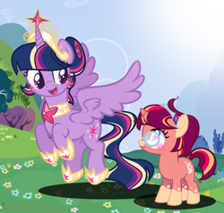Size: 1645x1569 | Tagged: safe, artist:awoomarblesoda, character:twilight sparkle, character:twilight sparkle (alicorn), oc, oc:tarot spell, parent:sunburst, parent:twilight sparkle, parents:twiburst, species:alicorn, species:pony, species:unicorn, big crown thingy, element of magic, female, filly, glasses, hoof shoes, jewelry, mother and daughter, offspring, regalia