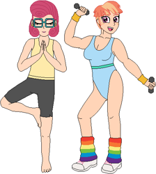Size: 468x523 | Tagged: safe, artist:wolf, character:posey shy, character:windy whistles, species:human, aerobics, barefoot, breasts, clothing, dumbbell (object), feet, freckles, glasses, humanized, leg warmers, leotard, muscles, pants, shoes, smiling, sneakers, tank top, workout, workout outfit, yoga, yoga pants