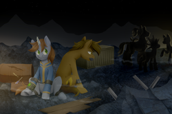 Size: 3866x2568 | Tagged: safe, artist:djkaskan, oc, oc:littlepip, oc:monterey jack, species:earth pony, species:pony, species:unicorn, fallout equestria, bobby pin, chained, clothing, cuffs, fanfic, fanfic art, female, glowing horn, hooves, horn, levitation, lockpicking, magic, male, mare, night, pipbuck, plank, screwdriver, shackles, sitting, slaver, slavery, stallion, standing, telekinesis, vault suit
