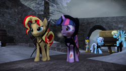 Size: 1920x1080 | Tagged: safe, artist:fd-daylight, character:linky, character:sassaflash, character:shoeshine, character:sunset shimmer, character:twilight sparkle, species:pony, 3d, blood, crossover, royal guard, skyrim, source filmmaker, the elder scrolls