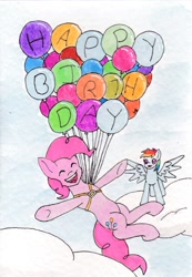 Size: 1316x1904 | Tagged: safe, artist:tunrae, character:pinkie pie, character:rainbow dash, species:pony, balloon, birthday, card, floating, harness, ink drawing, surprised, tack, then watch her balloons lift her up to the sky, traditional art