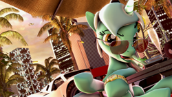 Size: 3840x2160 | Tagged: safe, artist:whiteskyline, character:lyra heartstrings, species:pony, 3d, car, city, fear and loathing in las vegas, female, ford gt, glass, helicopter, hunter s. thompson, palm tree, plane, solo, source filmmaker, sunglasses, tree, walkman, watch