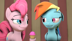 Size: 1920x1080 | Tagged: safe, artist:fd-daylight, character:pinkie pie, character:rainbow dash, species:earth pony, species:pegasus, species:pony, ship:pinkiedash, 3d, cupcake, female, food, lesbian, shipping, source filmmaker, unamused