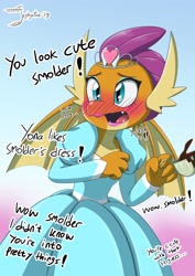 Size: 2480x3508 | Tagged: safe, artist:jeglegator, character:smolder, species:dragon, episode:uprooted, g4, my little pony: friendship is magic, blatant lies, blushing, clothing, cup, cute, denial's not just a river in egypt, dialogue, dragoness, dress, embarrassed, female, i'm not cute, implied student six, jewelry, offscreen character, open mouth, princess smolder, smolderbetes, smoldere, solo, teacup, tiara, tsundere
