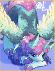 Size: 1280x1656 | Tagged: safe, artist:alts-art, oc, oc only, oc:nebula, species:alicorn, species:pony, alicorn oc, blank flank, body freckles, body markings, cloven hooves, coat markings, colored hooves, colored sketch, colored wings, curved horn, ear fluff, ethereal mane, face down ass up, female, freckles, galaxy mane, hoof polish, horn, magic, mare, messy mane, messy tail, purple background, signature, simple background, solo, spread wings, watercolor painting, wing fluff, wing freckles, wings