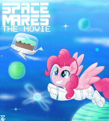 Size: 4500x5000 | Tagged: safe, artist:theretroart88, character:pinkie pie, species:pegasus, species:pony, equestria daily, g5 leak, absurd resolution, april fools, april fools 2019, astronaut, astronaut pinkie, cake, clothing, dessert, female, flying, food, mare, movie accurate, pegasus pinkie pie, pinkie pie (g5), planet, race swap, smiling, space, space mares, space suit, stars