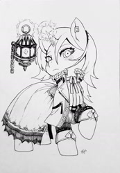 Size: 1280x1852 | Tagged: safe, artist:alts-art, oc, oc only, oc:chamber wisp, species:pony, species:unicorn, inktober, clothing, coat, crystal, dress, ear piercing, female, frilly dress, horn, inktober 2018, lantern, light, lineart, magic, mare, monochrome, oc-tober, piercing, simple background, sketch, solo, traditional art, white background