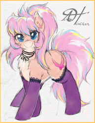 Size: 1280x1656 | Tagged: safe, artist:alts-art, oc, oc only, oc:bijou butterfly, species:earth pony, species:pony, chest fluff, clothing, colored sketch, ear fluff, ear piercing, earring, female, flat colors, gray background, jewelry, looking at you, mare, multicolored hair, pale belly, piercing, retro, signature, simple background, sketch, socks, solo, string