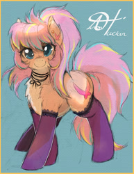 Size: 1280x1656 | Tagged: safe, artist:alts-art, oc, oc only, oc:bijou butterfly, species:earth pony, species:pony, blue background, chest fluff, clothing, colored sketch, ear fluff, ear piercing, earring, female, fluffy, jewelry, looking at you, mare, multicolored hair, pale belly, piercing, retro, shading, signature, simple background, sketch, socks, solo, string