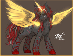 Size: 1280x989 | Tagged: safe, artist:alts-art, oc, oc only, oc:crimson fist, species:pony, species:unicorn, artificial wings, augmented, colored sketch, gray background, horn, looking at you, magic, magic wings, male, messy mane, messy tail, multicolored hair, scar, signature, simple background, sketch, smiling, smirk, solo, stallion, wings