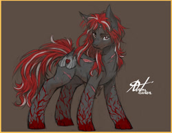 Size: 1280x989 | Tagged: safe, artist:alts-art, oc, oc only, oc:crimson fist, species:pony, species:unicorn, colored sketch, gray background, horn, looking at you, male, messy mane, messy tail, multicolored hair, scar, signature, simple background, sketch, smiling, smirk, solo, stallion