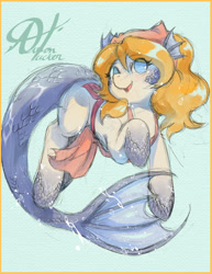 Size: 1280x1656 | Tagged: safe, artist:alts-art, oc, oc only, oc:marina, species:pony, species:sea pony, apron, blue background, bubble, clothing, colored sketch, ear fins, female, fins, fish tail, hybrid, looking at you, mare, monster pony, original species, pose, scales, signature, simple background, sketch, solo, underwater, watercolor painting